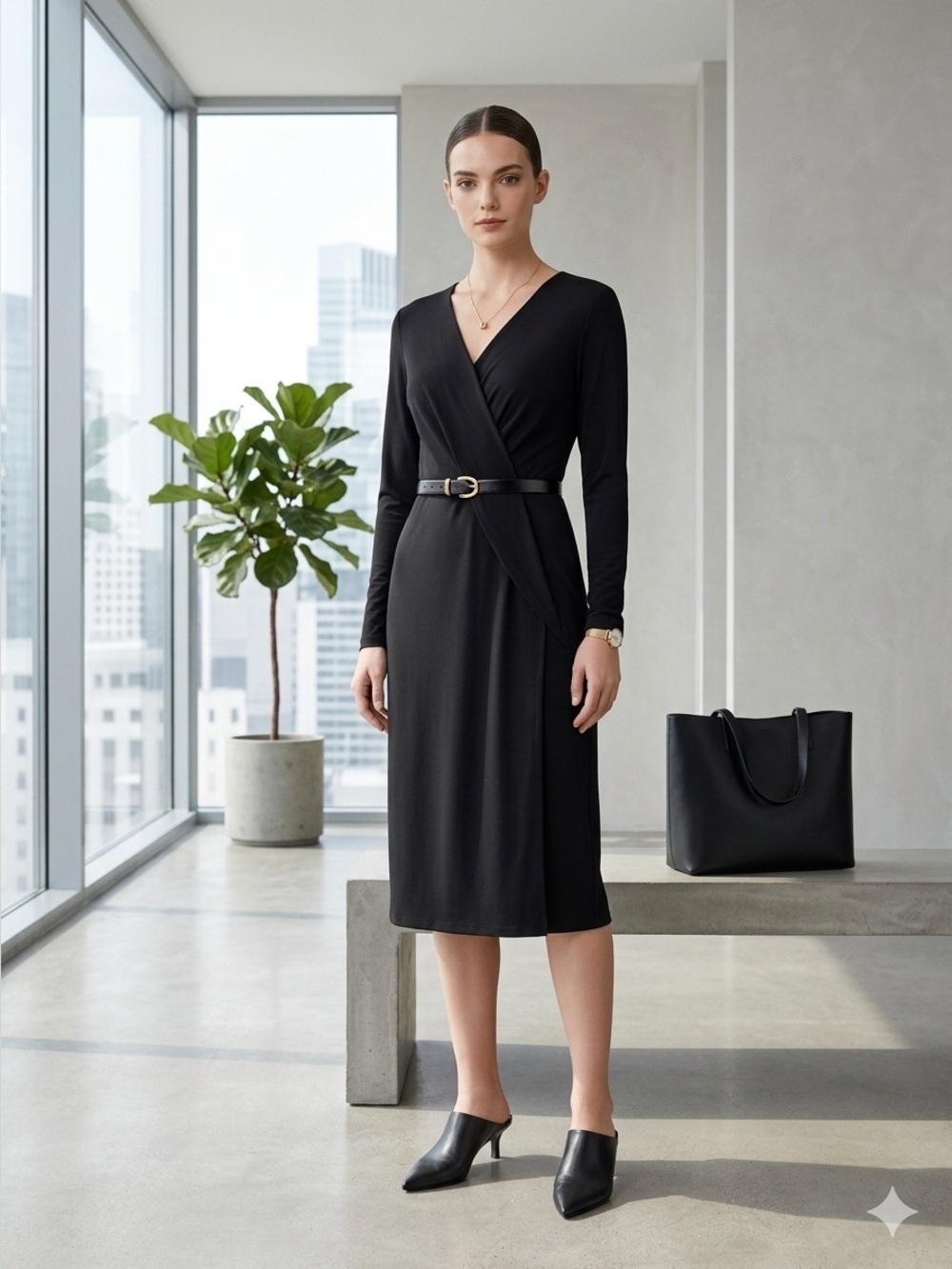 COS black draped knit jersey long sleeve dress - Medium